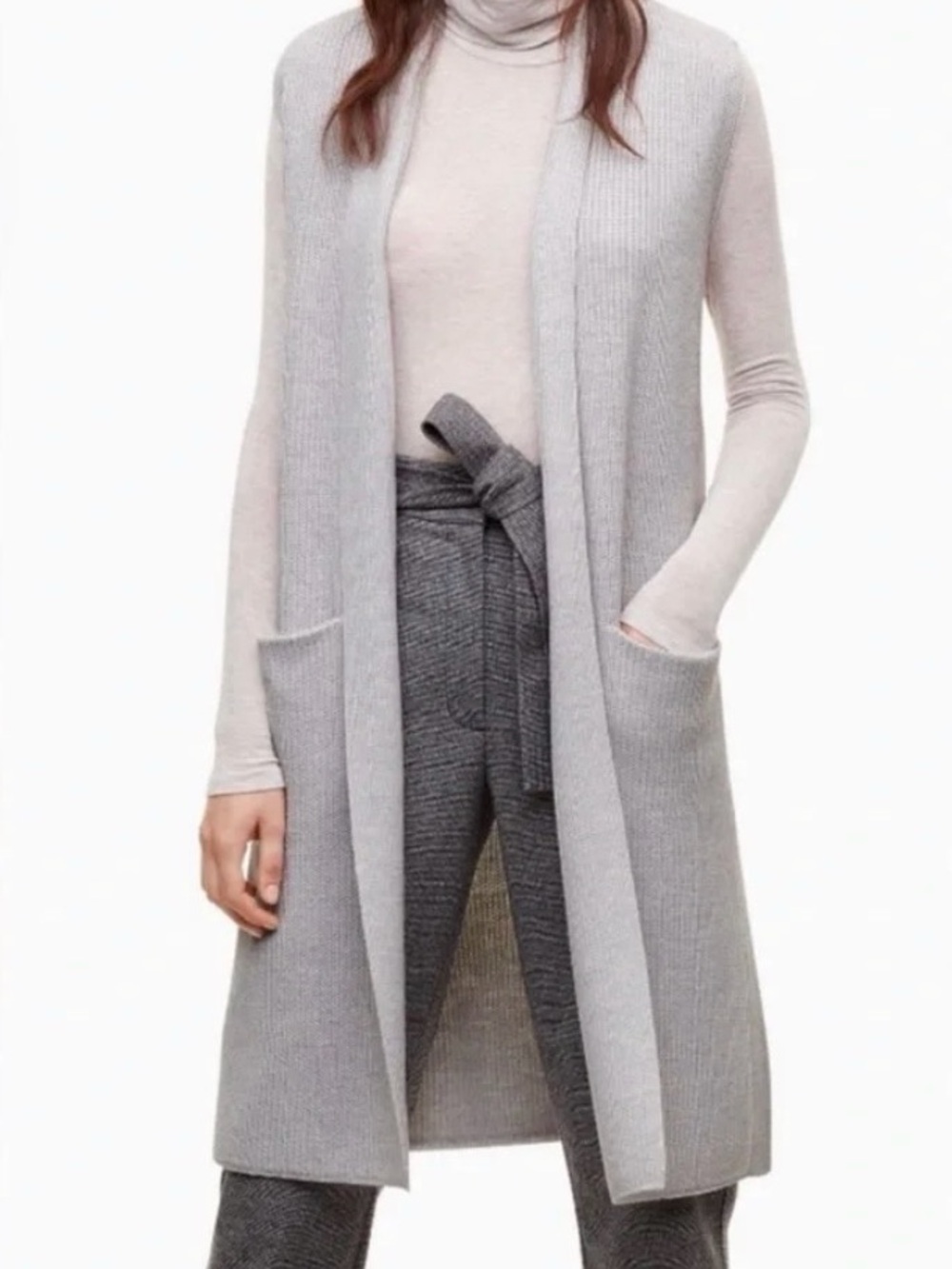 Wilfred Long Open-Front Sleeveless Cardigan in Light Gray